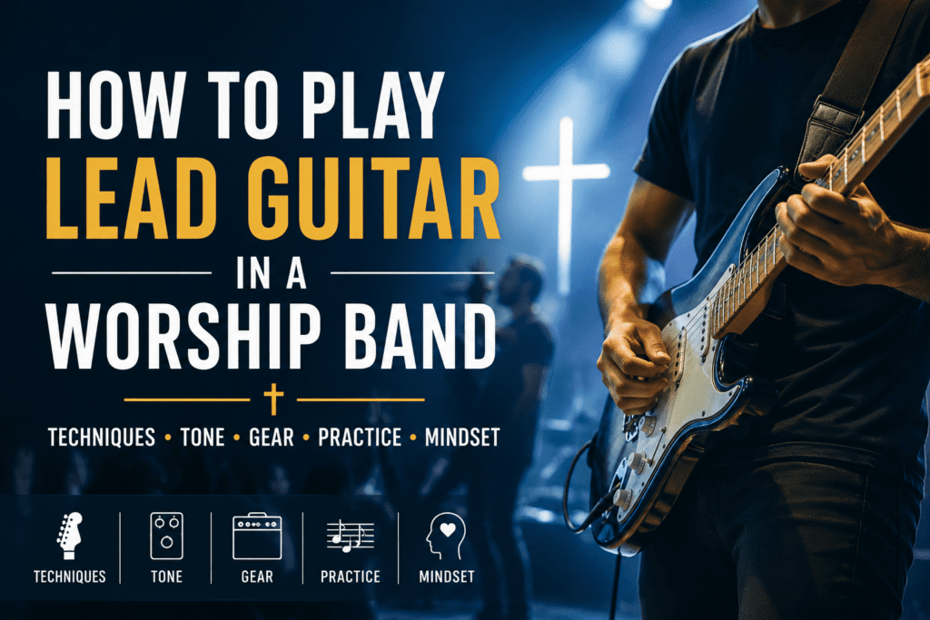 Lead guitarist playing electric guitar on a church worship stage with the title “How to Play Lead Guitar in a Worship Band” displayed in bold text against a modern blue worship background.