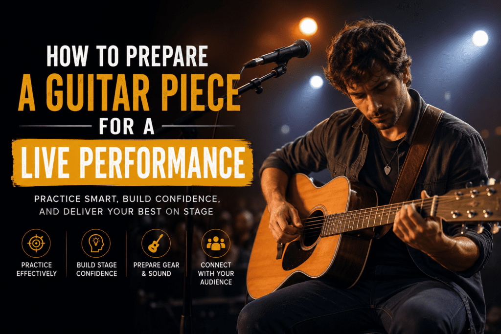 A guitarist performing on stage during a live concert with dramatic lighting, holding an acoustic guitar beside a microphone. The image features bold text about preparing a guitar piece for a live performance, with themes of stage confidence, practice, and musical performance.