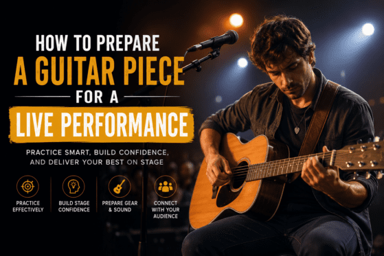 A guitarist performing on stage during a live concert with dramatic lighting, holding an acoustic guitar beside a microphone. The image features bold text about preparing a guitar piece for a live performance, with themes of stage confidence, practice, and musical performance.