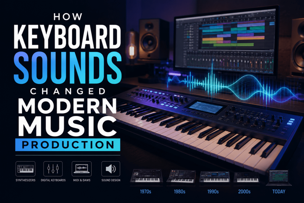 Modern music production studio setup featuring a digital keyboard, DAW screen, synthesizer visuals, and audio wave graphics representing how keyboard sounds transformed modern music production.