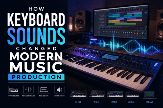 Modern music production studio setup featuring a digital keyboard, DAW screen, synthesizer visuals, and audio wave graphics representing how keyboard sounds transformed modern music production.