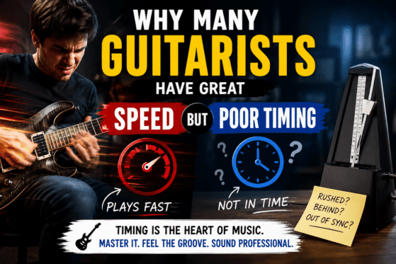 A guitarist playing an electric guitar at high speed beside a metronome, illustrating the concept of great guitar speed but poor timing with bold text and rhythm-focused graphics.