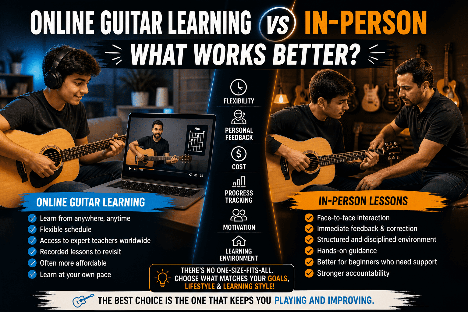 Peson Learning Online Guitar Learning vs In-Person: What Works Better?