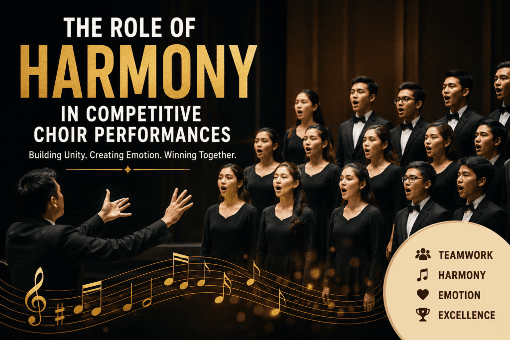 A competitive choir performing on stage with a conductor leading singers under warm concert lighting, featuring the title “The Role of Harmony in Competitive Choir Performances” with musical notes and themes of teamwork, emotion, and excellence.