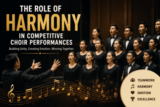 A competitive choir performing on stage with a conductor leading singers under warm concert lighting, featuring the title “The Role of Harmony in Competitive Choir Performances” with musical notes and themes of teamwork, emotion, and excellence.