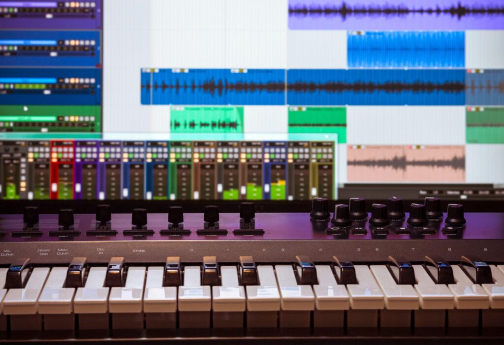 Cinematic keyboard workstation with ambient synthesizer sounds used for film scoring and worship music production.