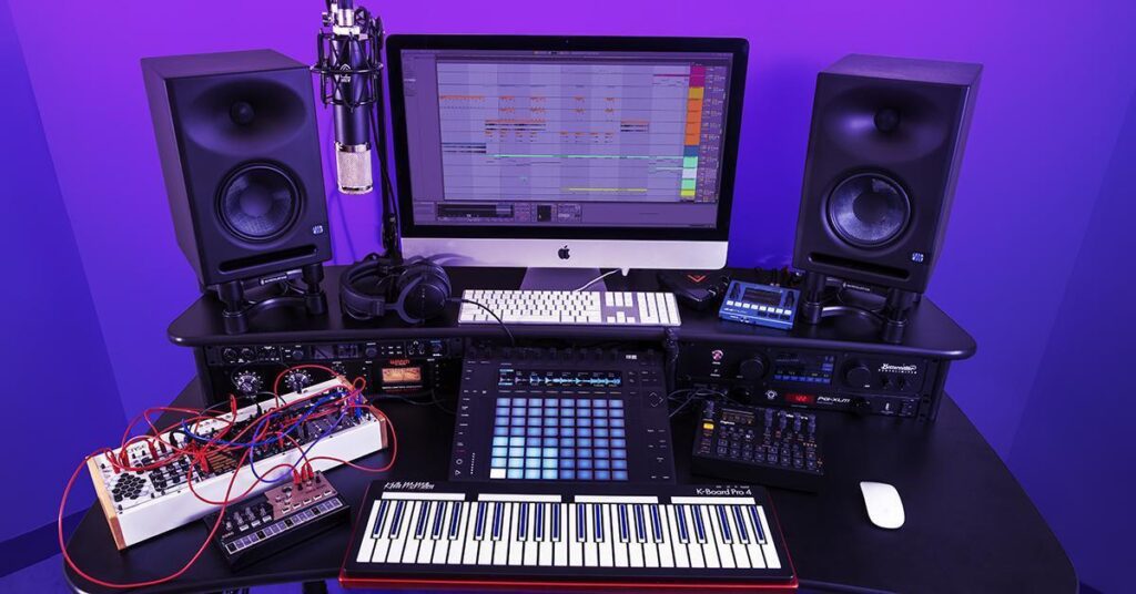 Electronic keyboard and digital sound wave graphics representing the evolution of modern music production technology.