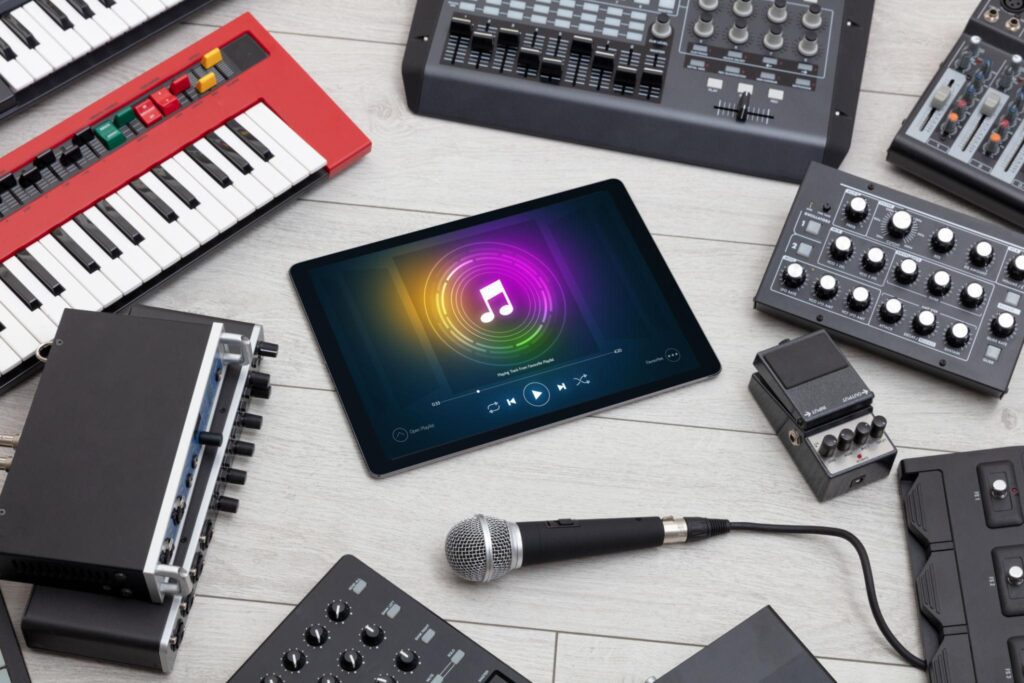 Cinematic keyboard workstation with ambient synthesizer sounds used for film scoring and worship music production.