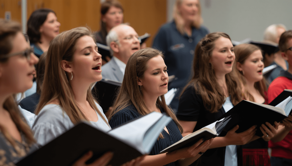 Choir members using breathing techniques for stronger choir voices during a group rehearsal session.