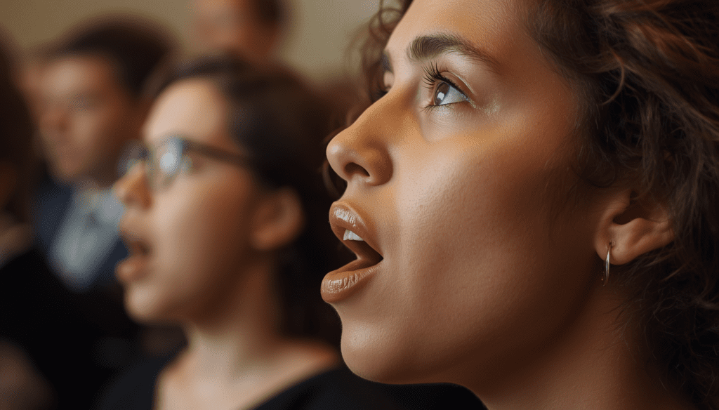 Choir singer taking a controlled breath before singing while practicing breathing techniques for stronger choir voices.