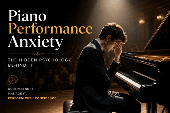 Young pianist experiencing piano performance anxiety while sitting at a grand piano under a spotlight before a live concert performance.