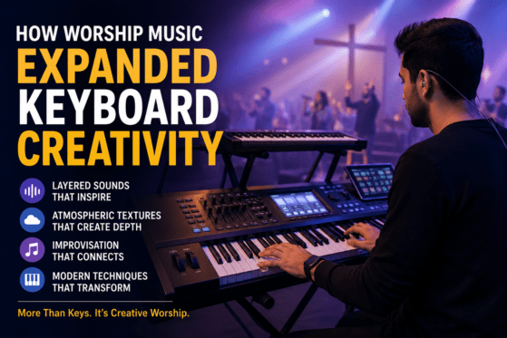 How worship music expanded keyboard creativity – keyboard player using layered sounds, atmospheric textures, and modern worship music techniques during a live church performance.