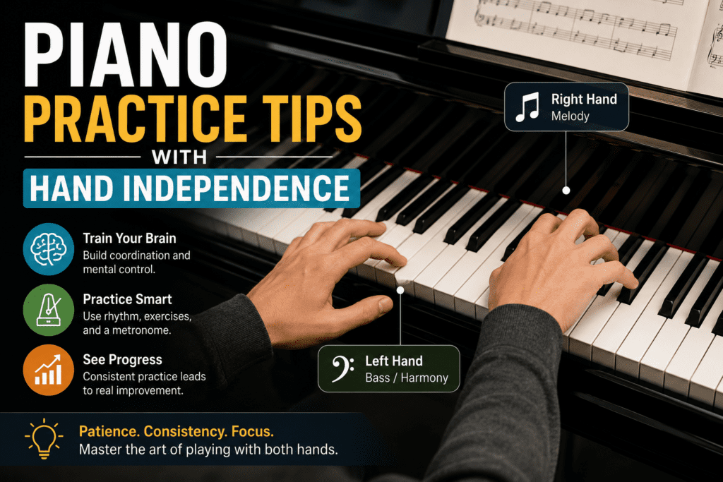 Feature image for a piano learning article showing a pianist's hands playing a grand piano keyboard. Large text reads 'Piano Practice Tips with Hand Independence.' Visual callouts highlight the right hand playing melody and the left hand playing bass and harmony. Additional icons emphasize brain training, smart practice, and consistent progress, illustrating the development of piano hand independence and coordination."