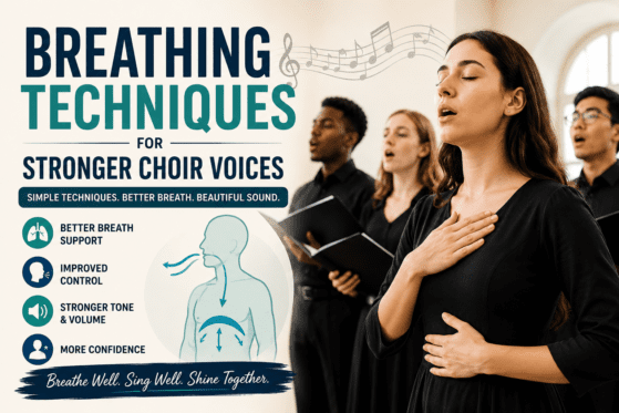 "Breathing Techniques for Stronger Choir Voices illustrated by choir singers practicing proper breath support and vocal control during a rehearsal session."