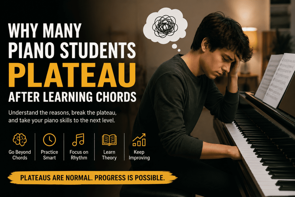 A featured educational banner showing a frustrated piano student sitting at a piano while thinking deeply, illustrating mental confusion. Large bold headline reads “Why Many Piano Students Plateau After Learning Chords,” with supporting tips about overcoming practice challenges and improving piano skills. The design has a warm indoor lighting style and motivational tone.