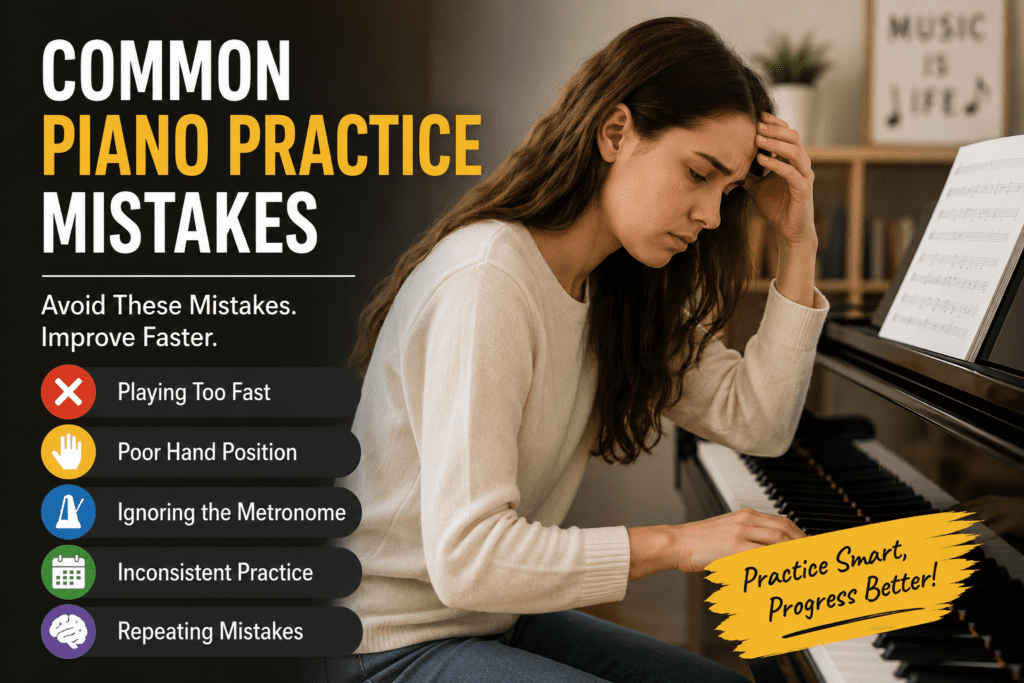 Common Piano Practice Mistakes illustrated with a student practicing piano and common beginner errors."