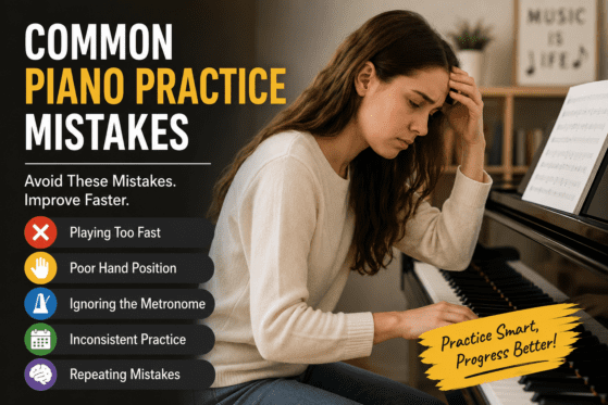 Common Piano Practice Mistakes illustrated with a student practicing piano and common beginner errors."