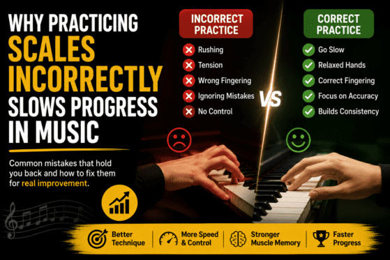 A high-resolution educational thumbnail showing a comparison between incorrect and correct scale practice in music. The left side highlights “Why Practicing Scales Incorrectly Slows Progress in Music” with a dark theme and lists mistakes like rushing, tension, wrong fingering, and ignoring errors. The right side shows correct practice habits such as slow playing, relaxed hands, proper fingering, and focused accuracy. A pianist’s hands on a keyboard are shown in the center, split visually to represent bad vs good technique, with bold typography and green-red contrast for clarity.