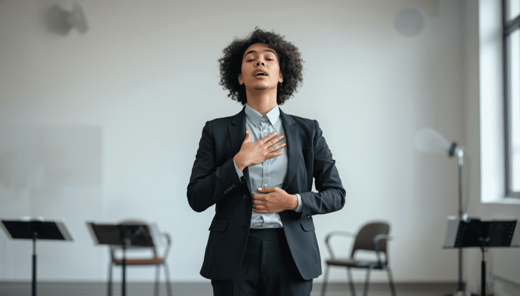 Breathing Techniques for Stronger Choir Voices demonstrated by a singer practicing diaphragmatic breathing with proper breath support.