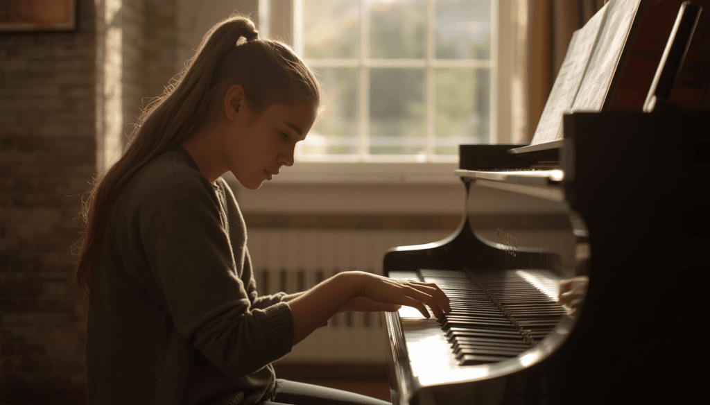 "Beginner piano student focusing on hand coordination during practice."