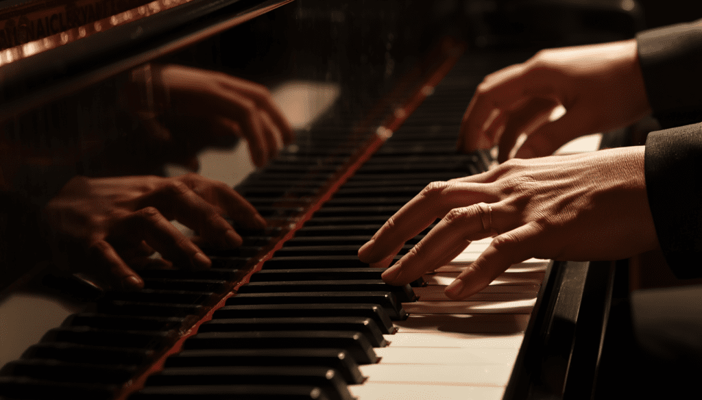 Close-up of a pianist using both hands independently on a piano keyboard." Hand Independence on Piano