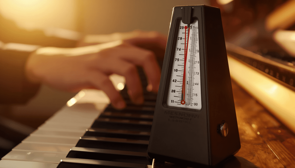 A musician practicing piano scales with a digital metronome on screen, slow tempo visualization, educational music practice environment, focus on rhythm and timing, clean studio background Why Practicing Scales Incorrectly Slows Progress in Music”