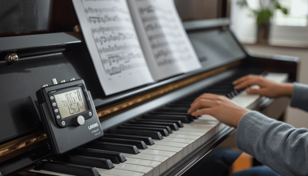 Beginner using a metronome during piano practice to improve timing.