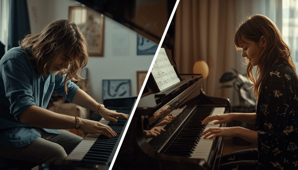 Young musician practicing piano scales with deep focus, calm studio environment, sheet music open, natural lighting, concentration and discipline concept Why Practicing Scales Incorrectly Slows Progress in Music”