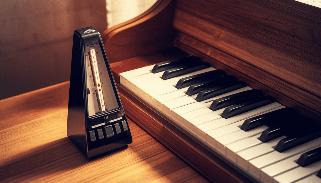 "Metronome and piano keyboard used for rhythm and coordination training." Hand Independence on Piano