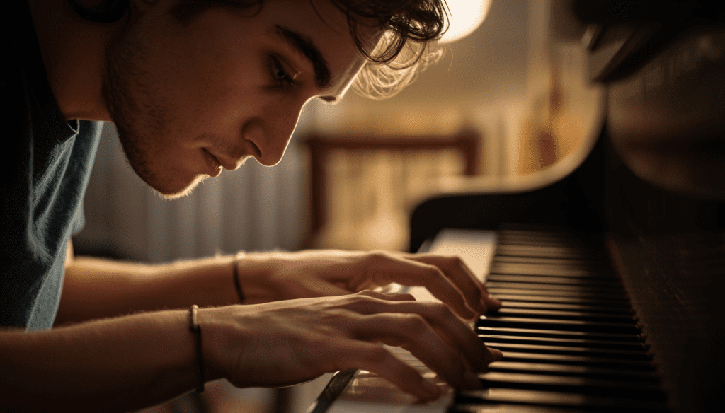 Young musician practicing piano scales with deep focus, calm studio environment, sheet music open, natural lighting, concentration and discipline concept Why Practicing Scales Incorrectly Slows Progress in Music”