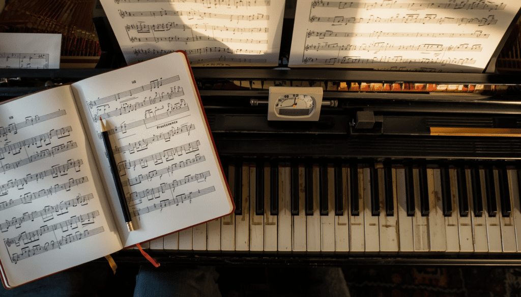 Music practice desk with schedule notes, piano keyboard, metronome, and checklist showing structured practice routine, clean modern educational style Why Practicing Scales Incorrectly Slows Progress in Music”