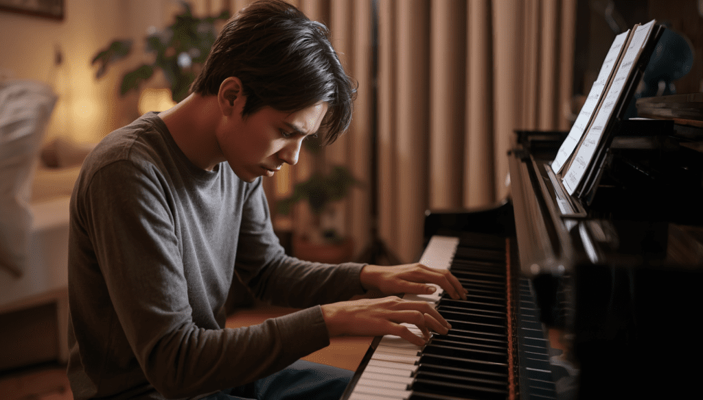 Beginner pianist feeling frustrated while facing a piano learning plateau after learning chords
