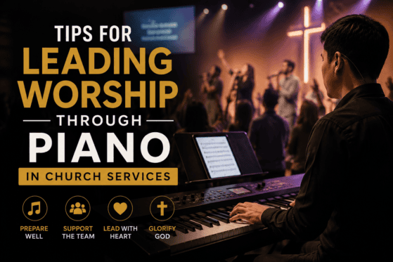 Worship pianist leading church worship with a keyboard during a live worship service.