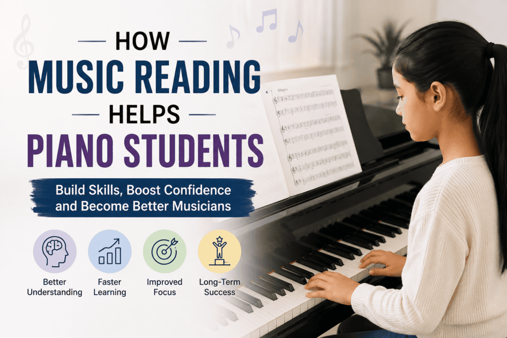 A piano student reading sheet music while playing the piano, illustrating how music reading helps piano students improve their musical skills, confidence, technique, and overall performance.