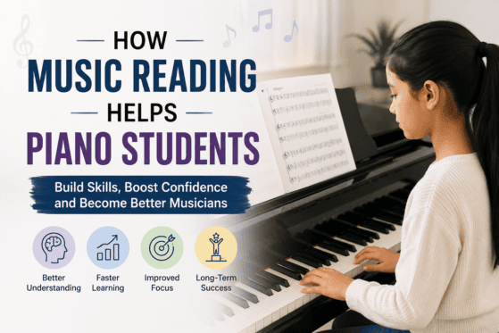A piano student reading sheet music while playing the piano, illustrating how music reading helps piano students improve their musical skills, confidence, technique, and overall performance.