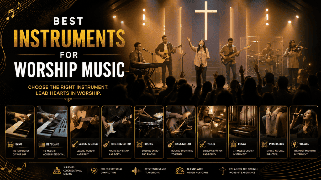 Best instruments for worship music including piano, keyboard, acoustic guitar, electric guitar, bass, drums, violin, and vocals performing in a modern church worship band.