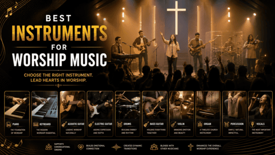 Best instruments for worship music including piano, keyboard, acoustic guitar, electric guitar, bass, drums, violin, and vocals performing in a modern church worship band.