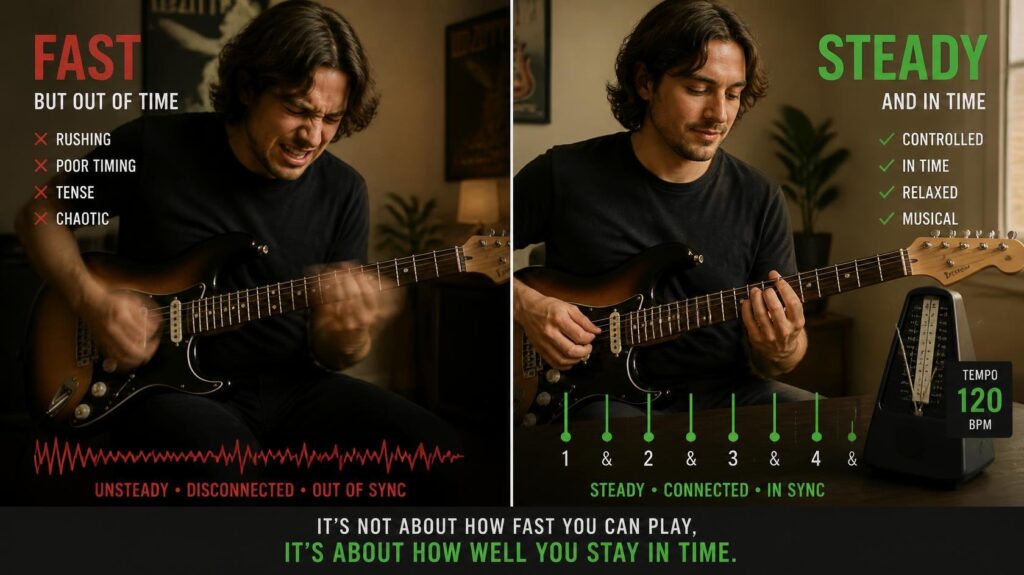 A split-screen comparison: Left: A guitarist playing extremely fast with blurred hands but looking out of sync. Right: A guitarist playing calmly with a metronome and perfectly aligned beat lines. For guitar timing