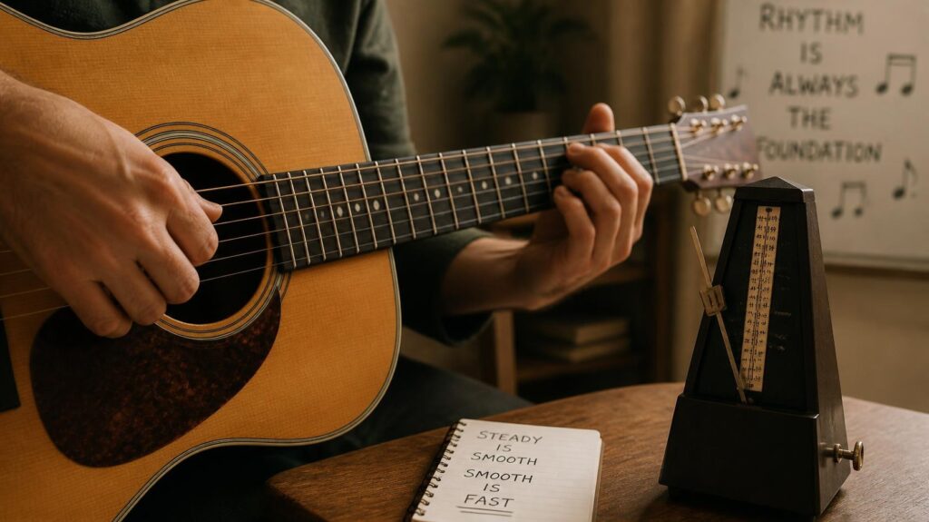A Guitarist was keep in the metronim that keep the timing