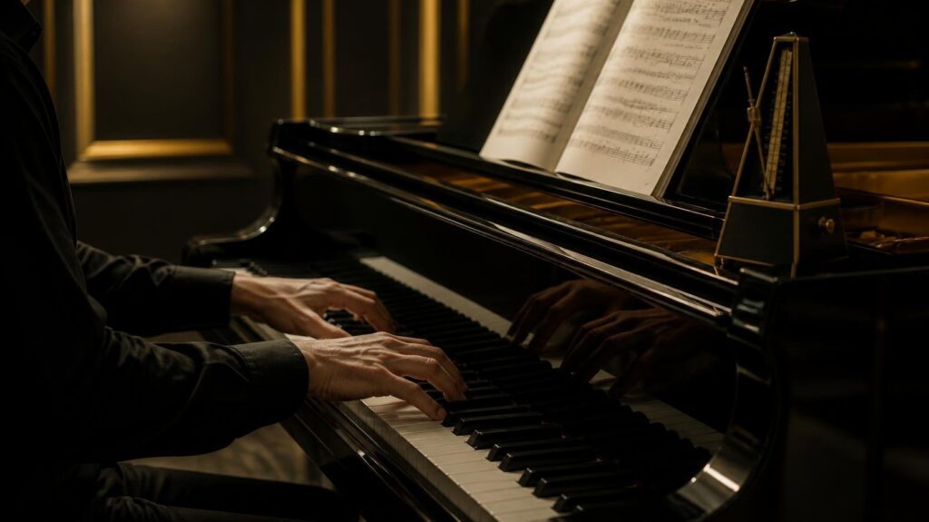 Pianist playing a grand piano with fast, accurate finger movements during practice. Build Piano Speed