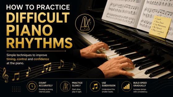 How to practice difficult piano rhythms with a pianist playing piano, sheet music, and rhythm practice tips.