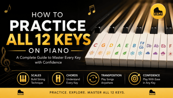 How to practice all 12 keys on piano with scales, chords, transposition, and confidence-building exercises.