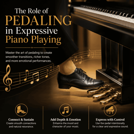 The Role of Pedaling in Expressive Piano Playing, showing a pianist using the sustain pedal to create expressive and musical piano performance.