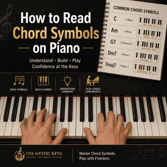 How to Read Chord Symbols on Piano featuring piano keys, chord examples such as C, Am, G7, Dm7, and Fmaj7, and a chord reference guide.