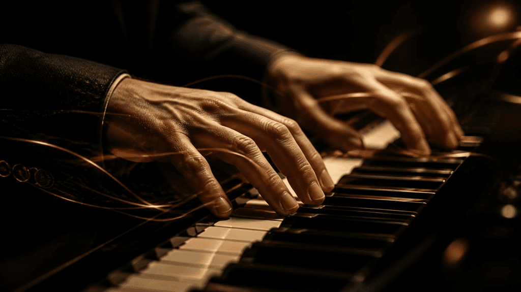 Close-up of pianist’s fingers moving quickly and accurately across piano keys. Build Piano Speed