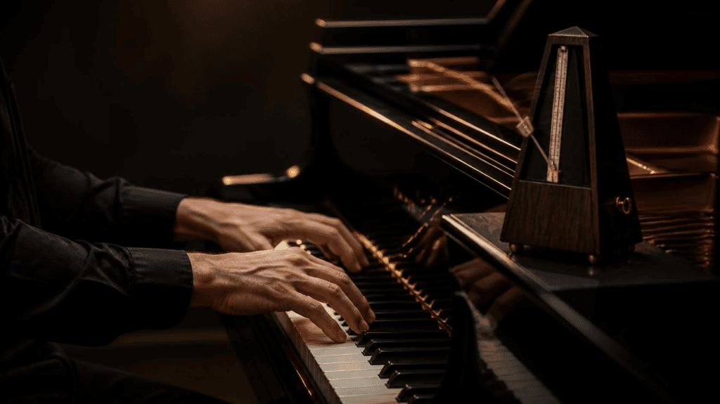Pianist practising piano with a metronome to improve rhythm, timing, and accuracy. Build Piano Speed