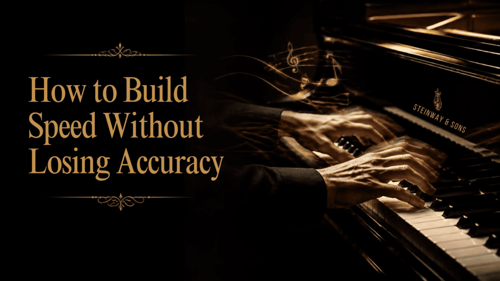 Pianist playing a grand piano with fast, accurate finger movements during practice.