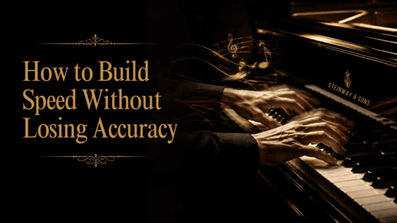 Pianist playing a grand piano with fast, accurate finger movements during practice.