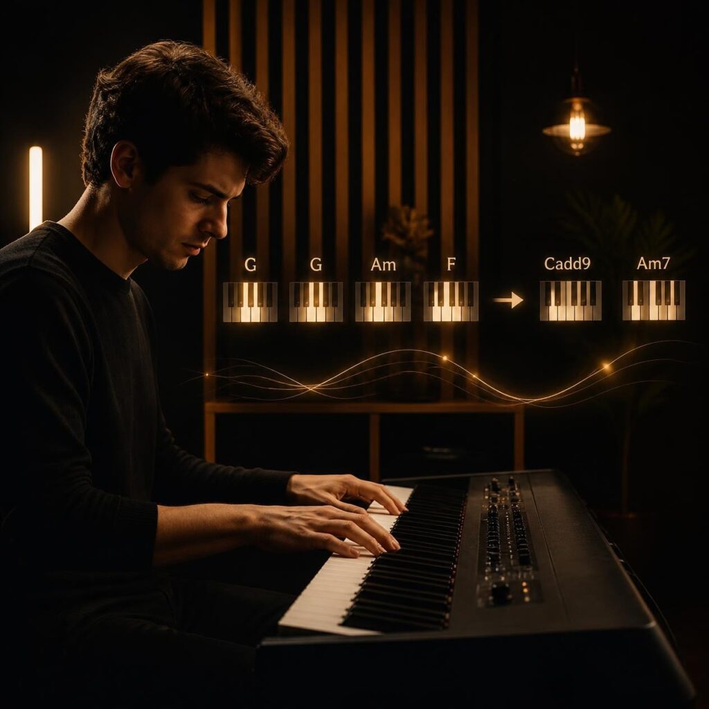 Alt Text: Pianist playing simple chords with different chord variations on a keyboard