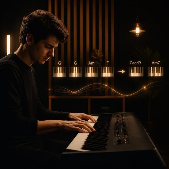 Alt Text: Pianist playing simple chords with different chord variations on a keyboard
